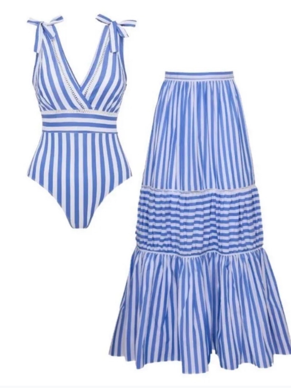 NWT Blue & White Striped Swim Set — Swimsuit and Cover Skirt